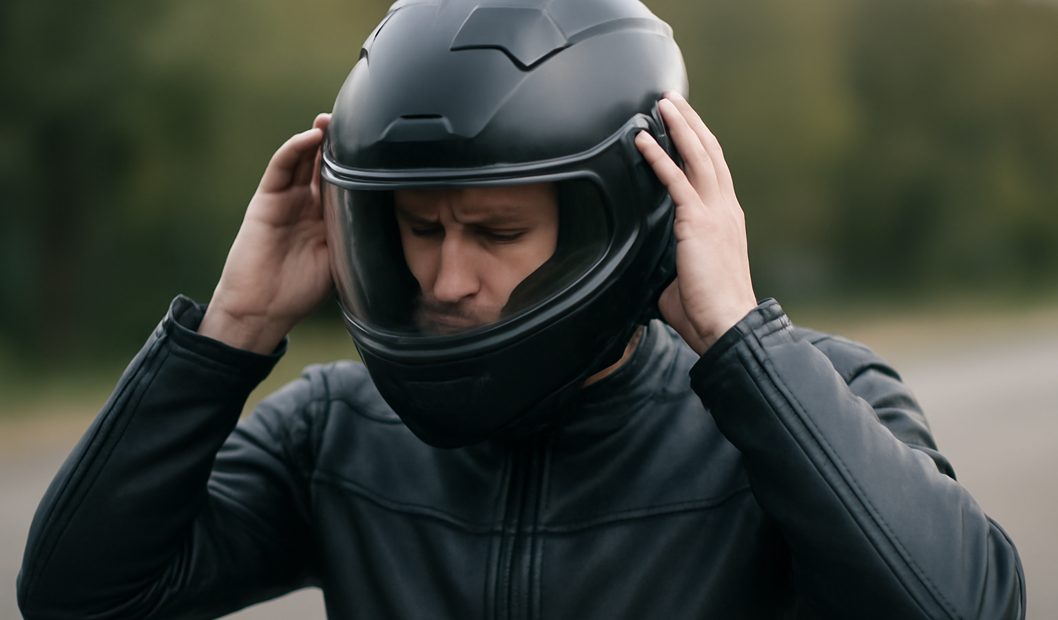 motard ajustant son casque integral avant sortie