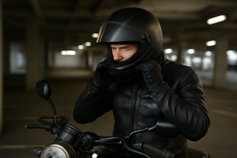 motard ajustant son casque dans un parking