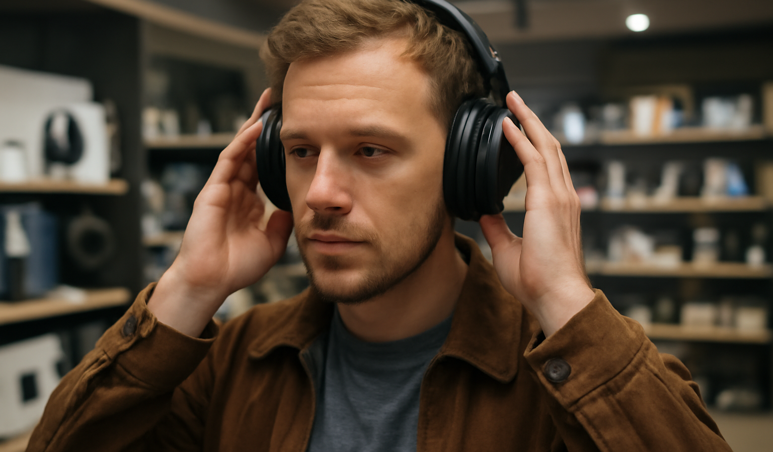 personne essayant un casque en magasin