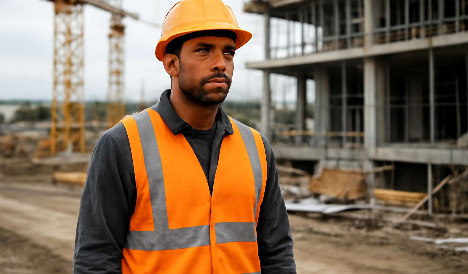 ouvrier portant gilet haute visibilite sur chantier