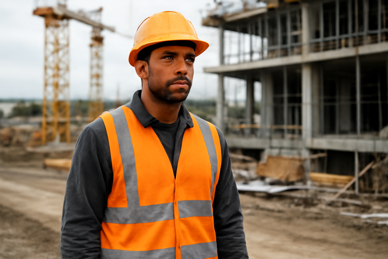 ouvrier portant gilet haute visibilite sur chantier
