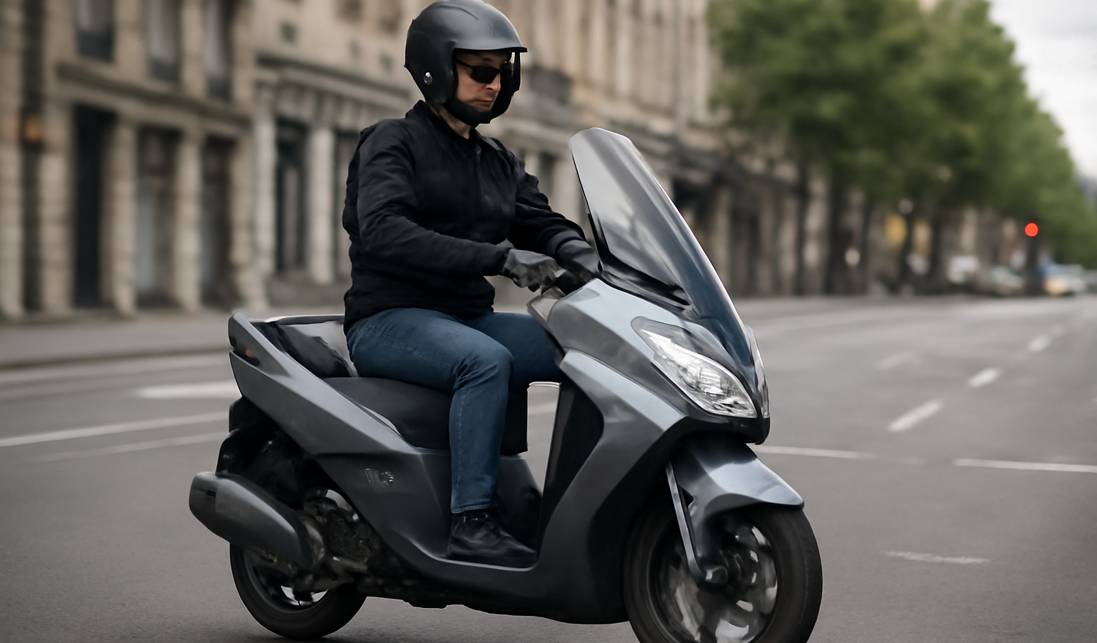 conducteur d'un scooter 125 sur une route urbaine