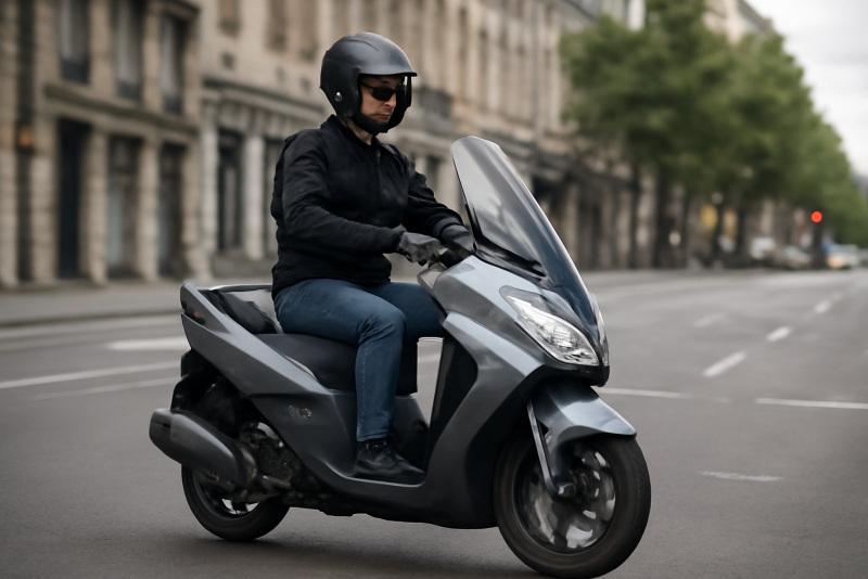 conducteur d'un scooter 125 sur une route urbaine