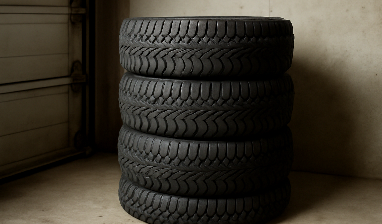 pneus neige empiles dans un garage