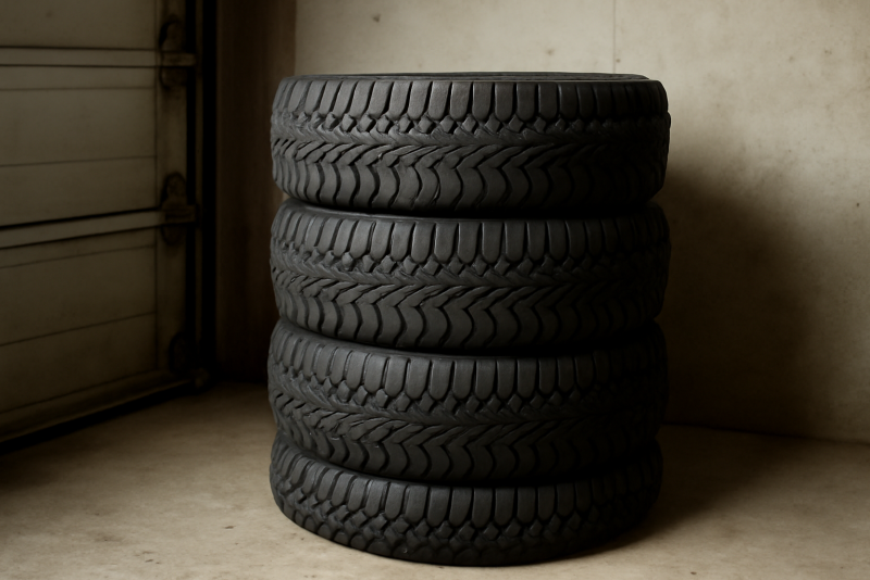pneus neige empiles dans un garage