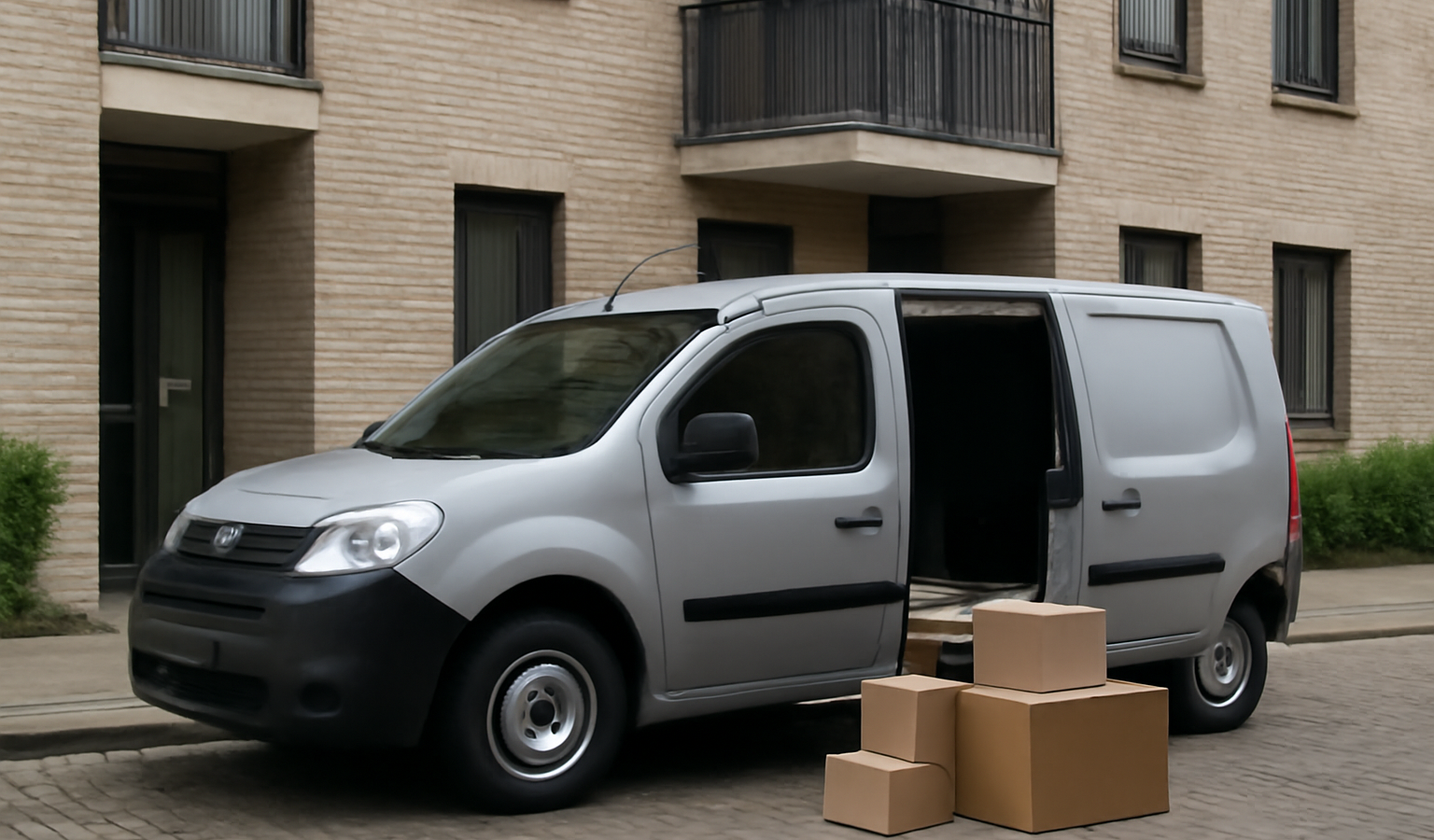 fourgon compact chargeant colis devant immeuble