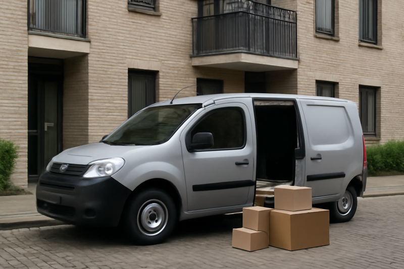 fourgon compact chargeant colis devant immeuble