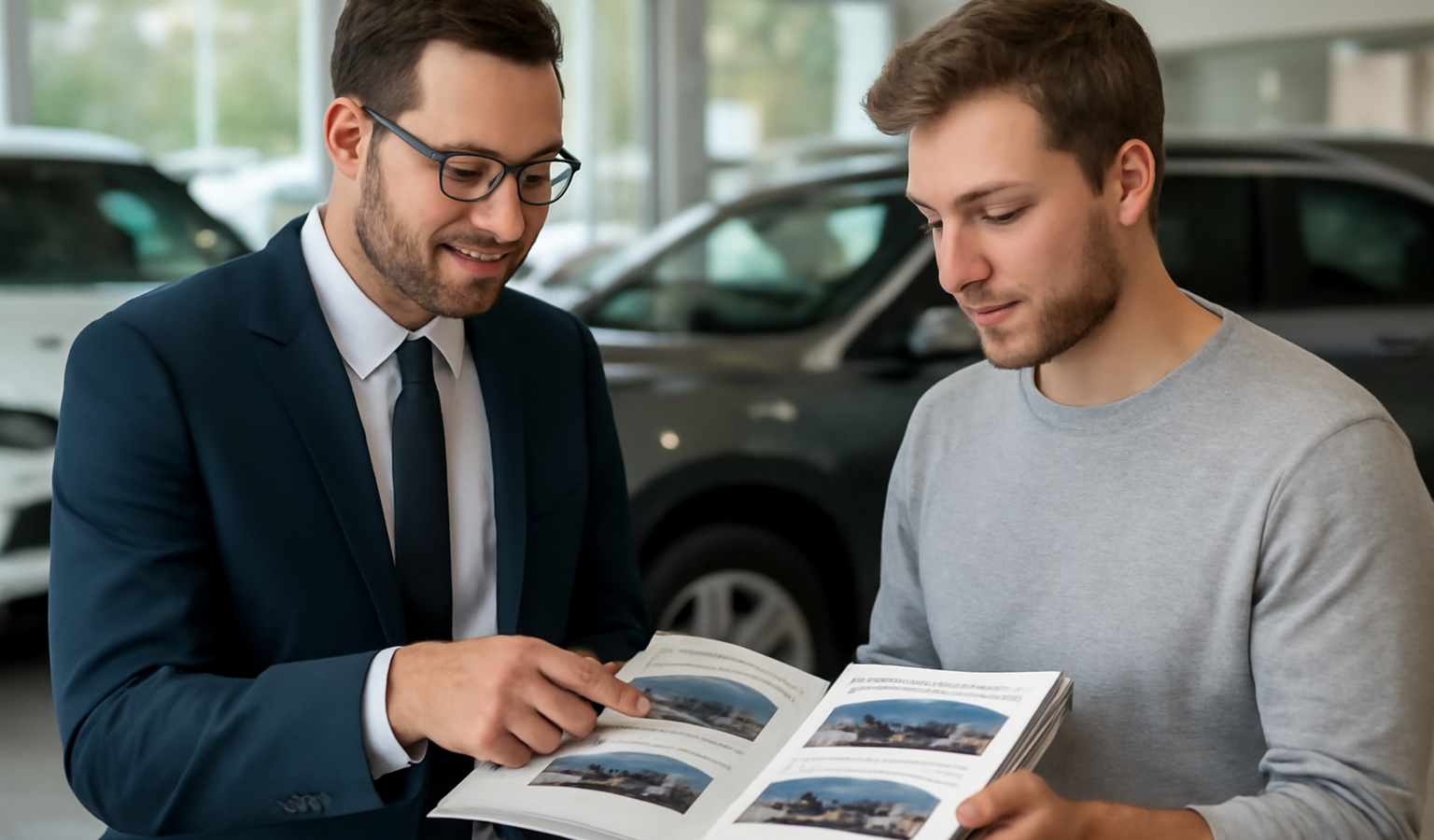conseiller et client devant catalogue de voitures