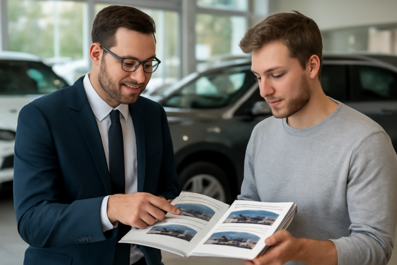 conseiller et client devant catalogue de voitures
