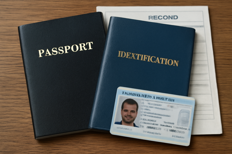 dos de dossiers et pièces d'identité sur table