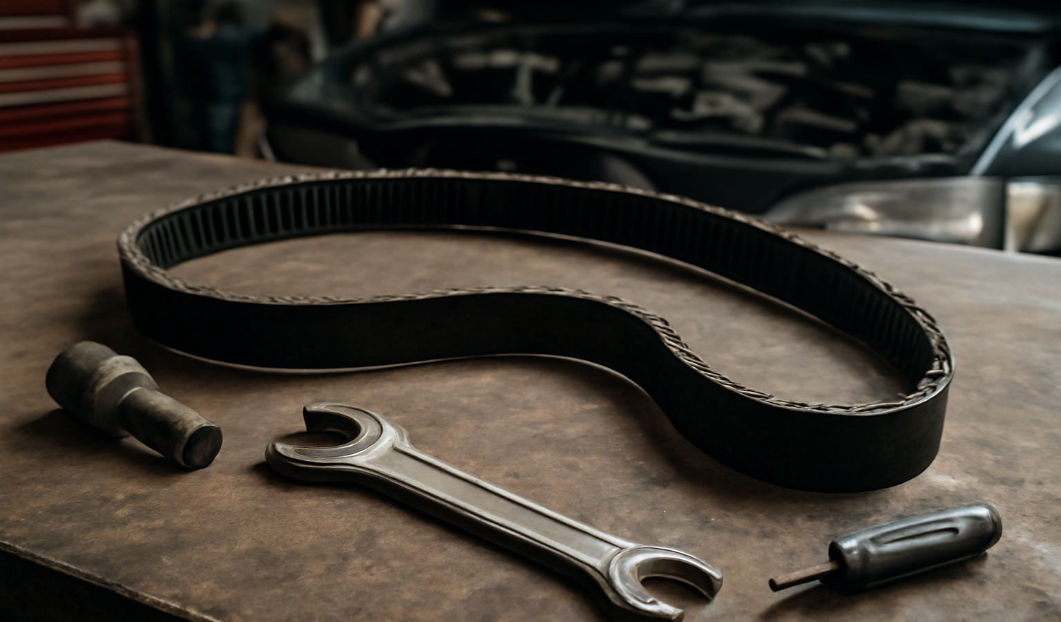 outil et courroie sur établi d'atelier automobile
