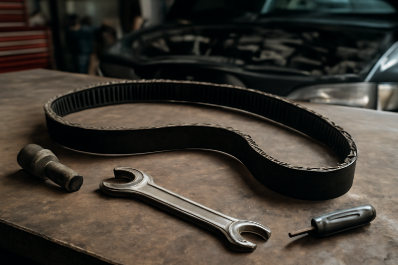 outil et courroie sur établi d'atelier automobile