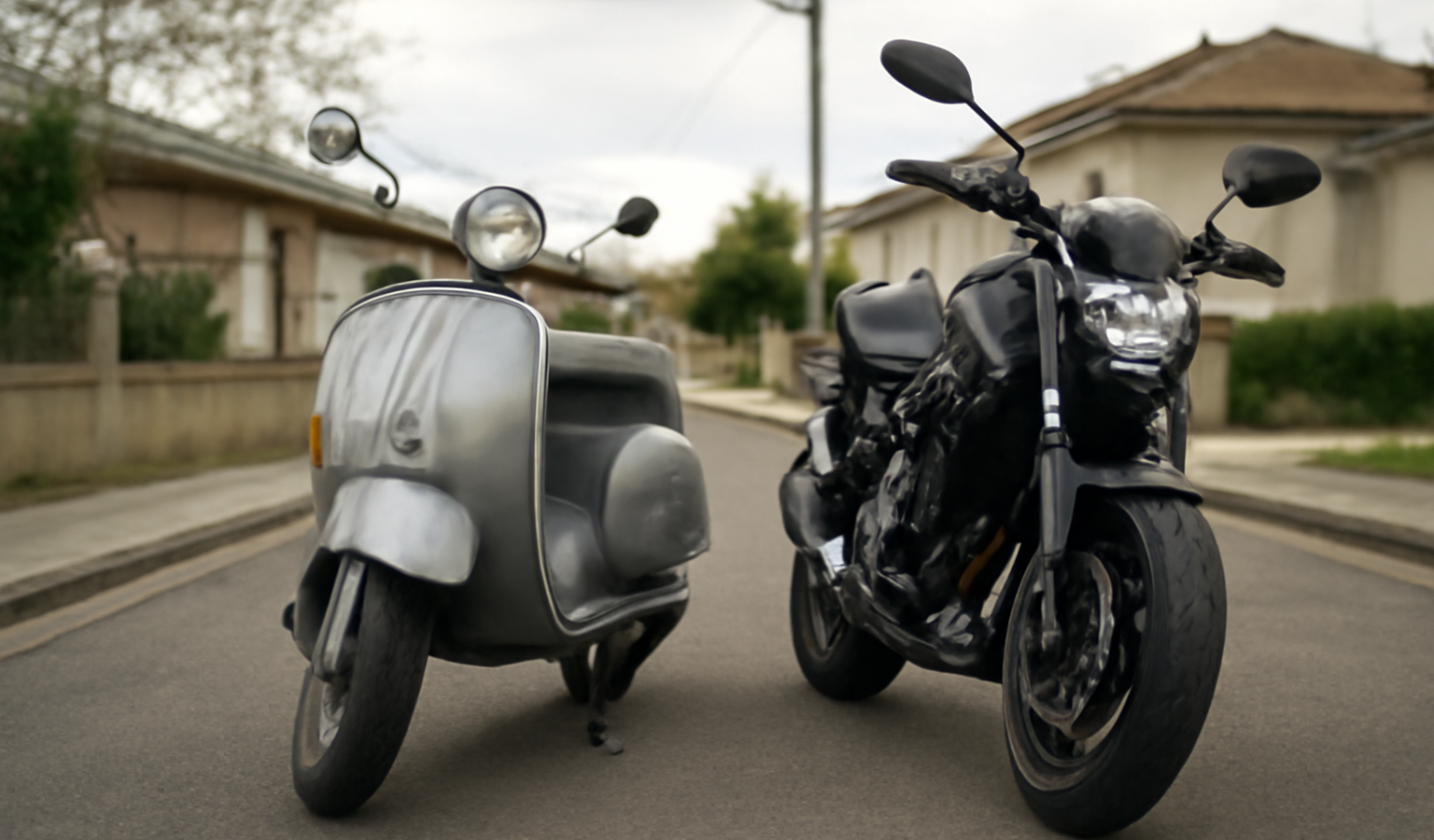 scooter et moto garés cote à cote en banlieue