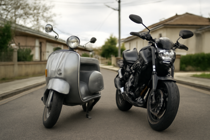 scooter et moto garés cote à cote en banlieue
