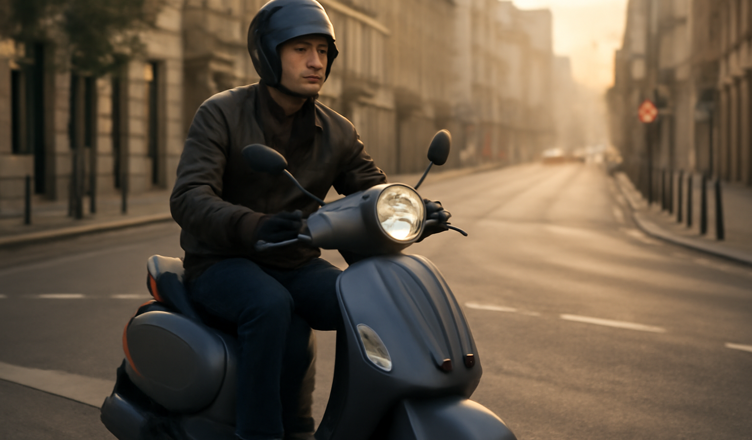 personne montant un scooter en ville au matin