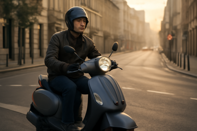 personne montant un scooter en ville au matin