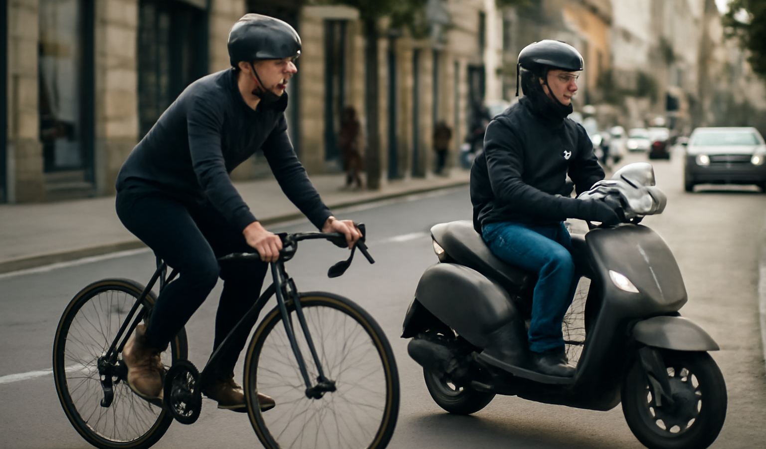 cycliste et scooteur circulant en ville