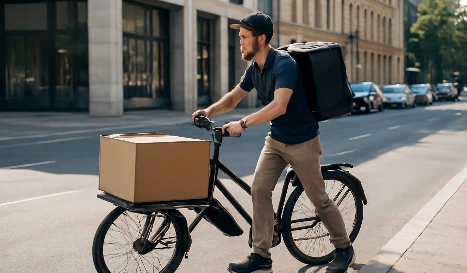 livreur poussant vélo cargo en ville