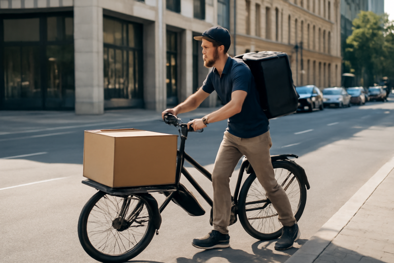 livreur poussant vélo cargo en ville
