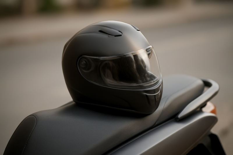 casque moto posé sur selle de scooter
