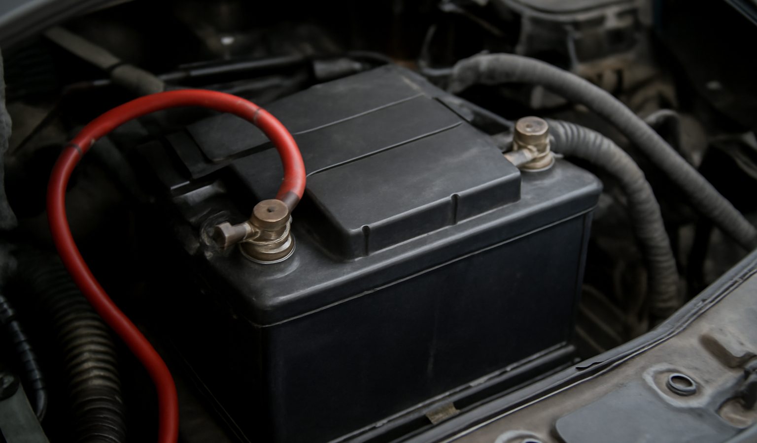 batterie de voiture avec cables connectes sous capot