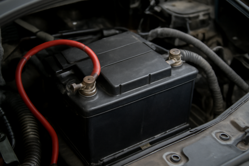batterie de voiture avec cables connectes sous capot