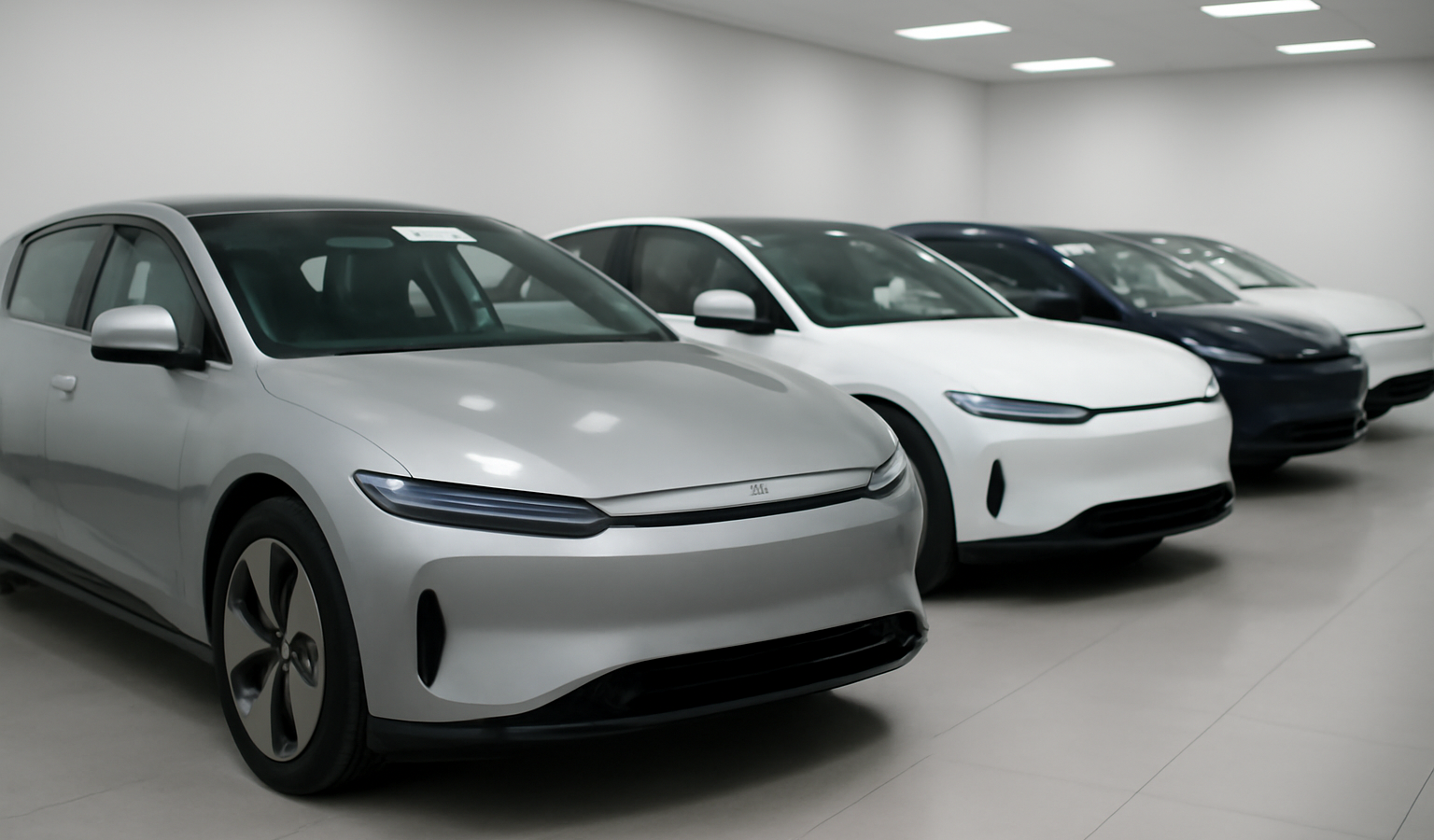 rangée de voitures électriques dans un showroom neutre