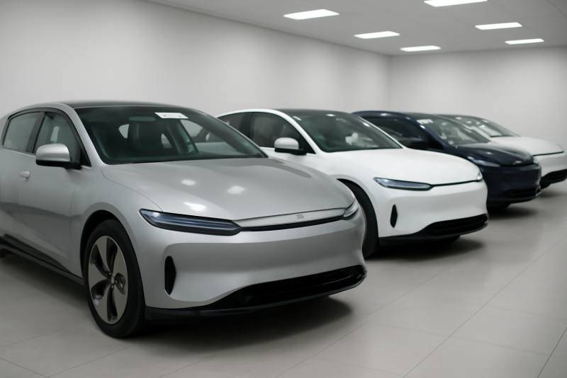 rangée de voitures électriques dans un showroom neutre