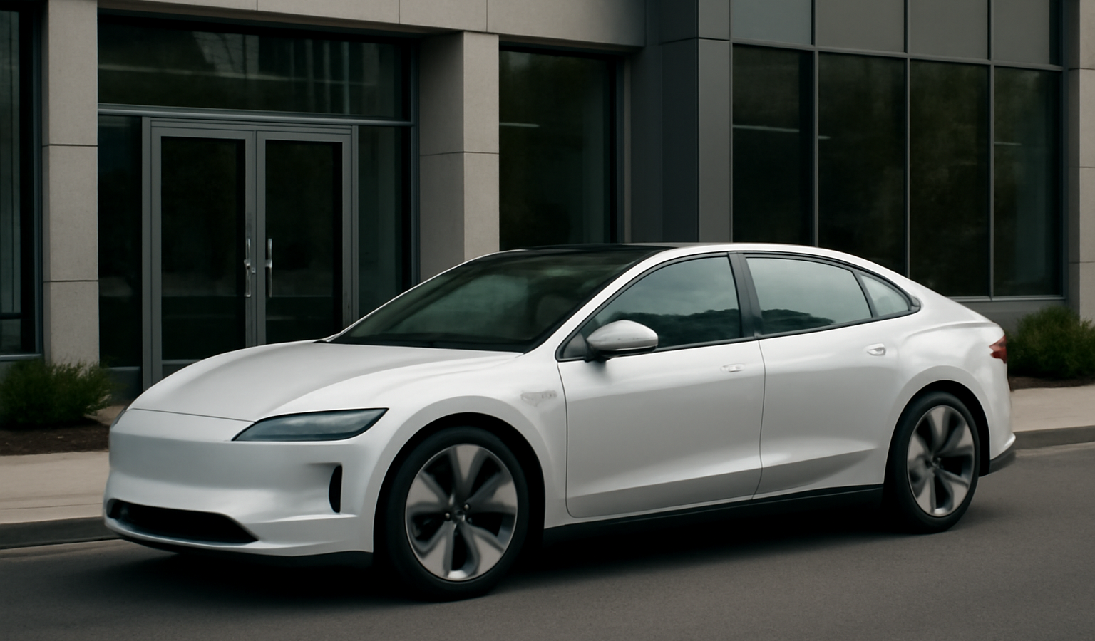 voiture electrique garee devant un bureau