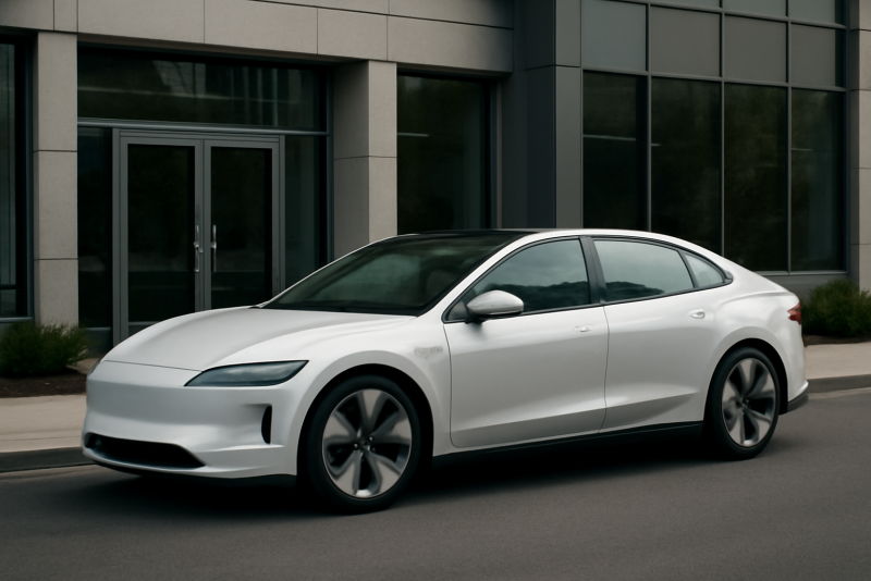 voiture electrique garee devant un bureau