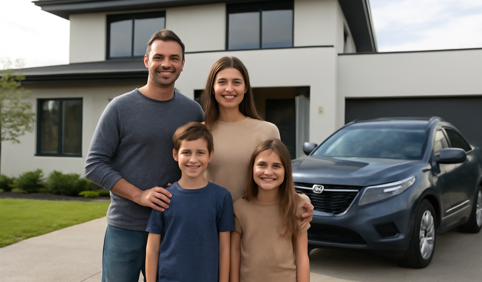 familiale garée devant une maison moderne