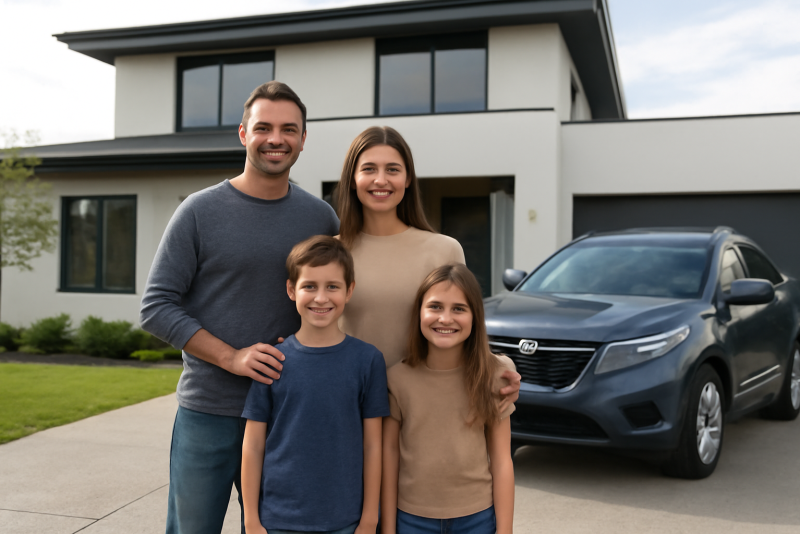 familiale garée devant une maison moderne