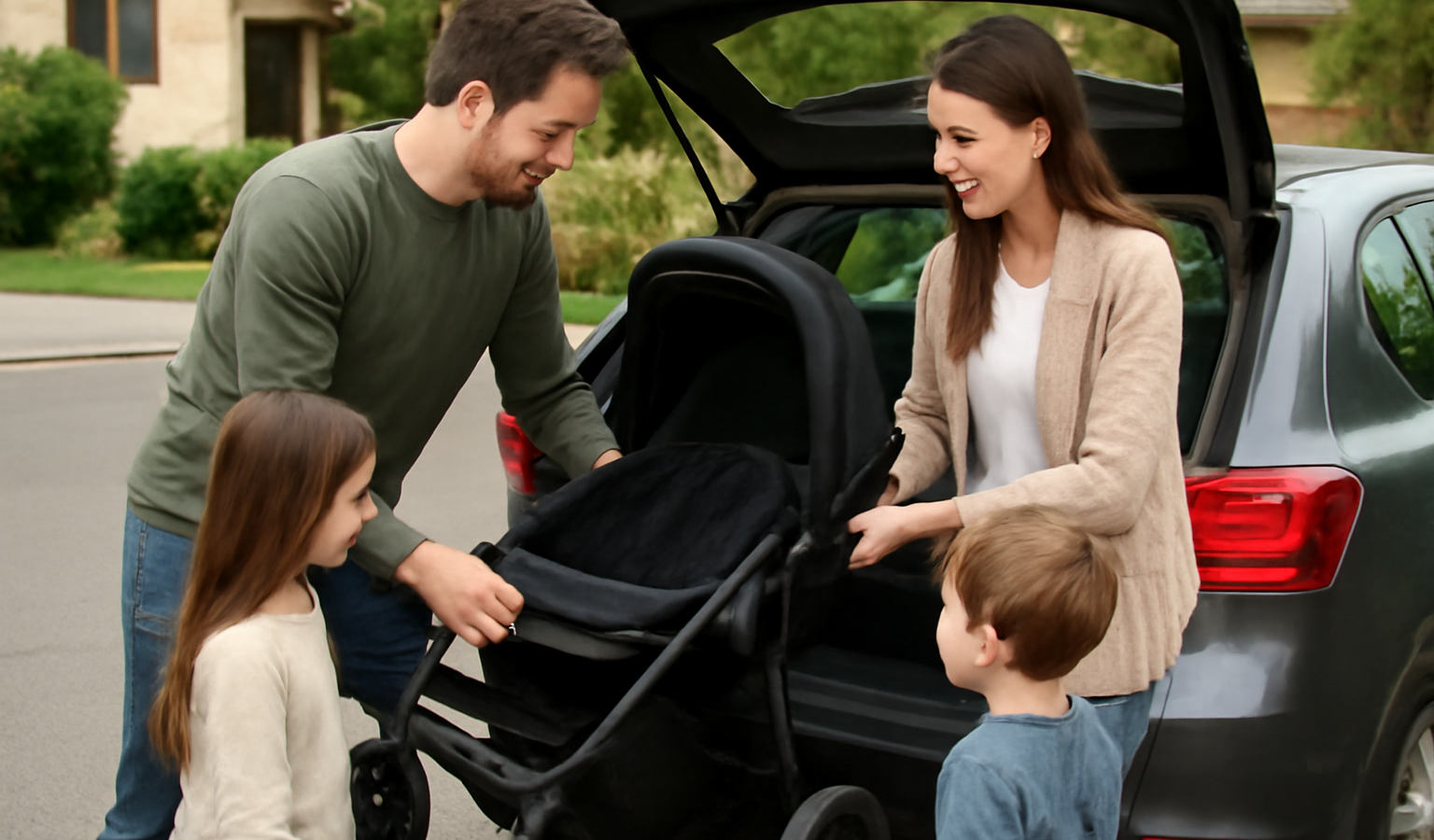 famille chargeant poussette dans une berline compacte