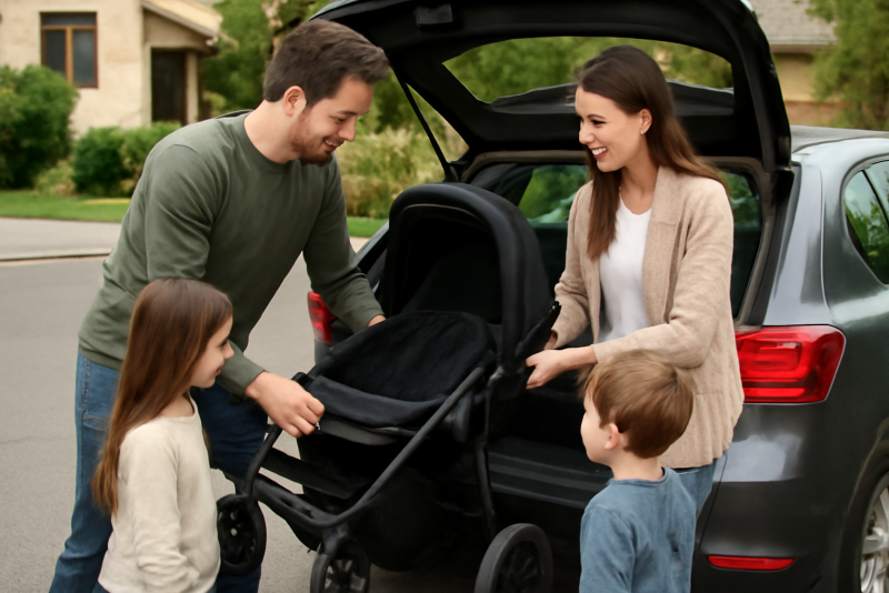 famille chargeant poussette dans une berline compacte