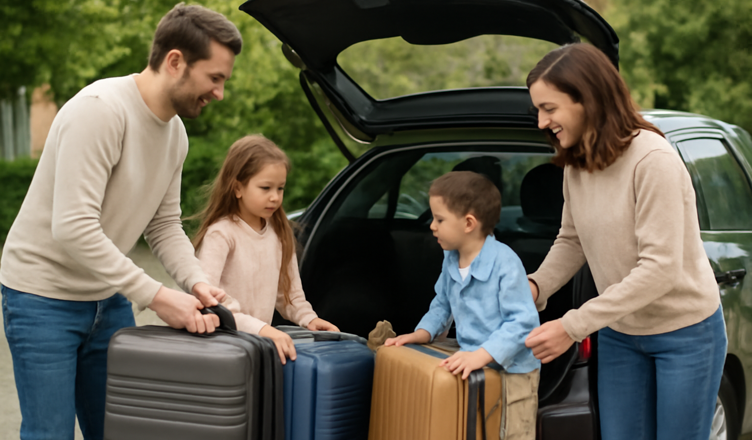 famille chargeant valises dans coffre d'une compacte