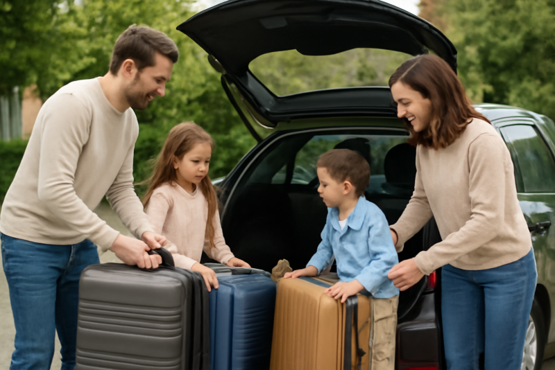famille chargeant valises dans coffre d'une compacte