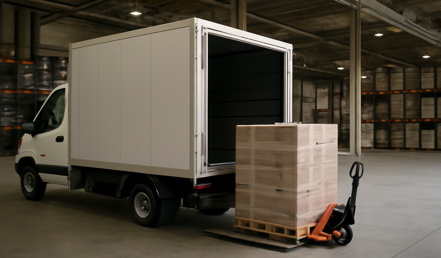 camion de livraison chargeant palette en entrepot