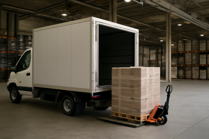 camion de livraison chargeant palette en entrepot