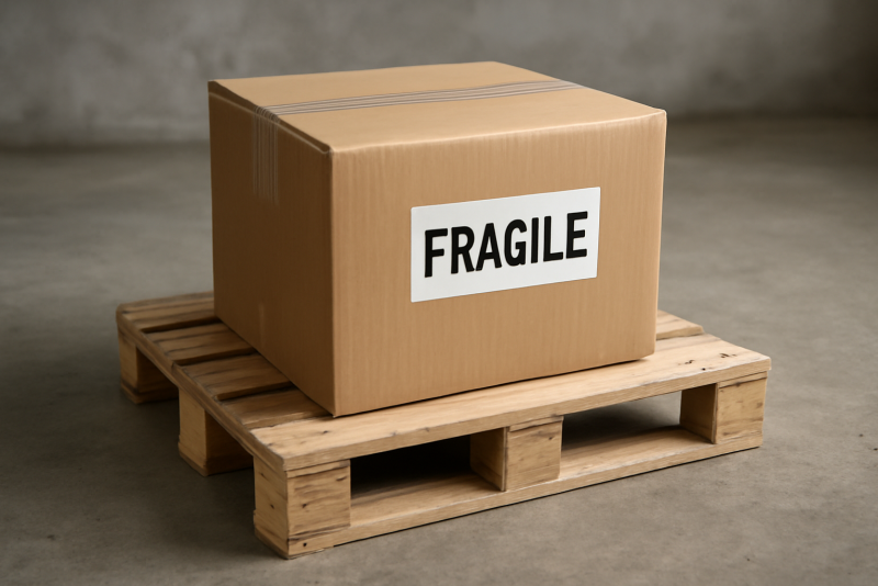 colis fragile emballé posé sur palette d'expédition