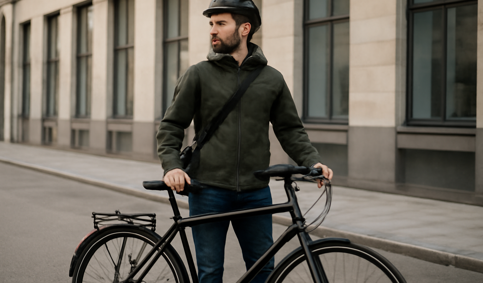 cycliste debout pres d un velo urbain