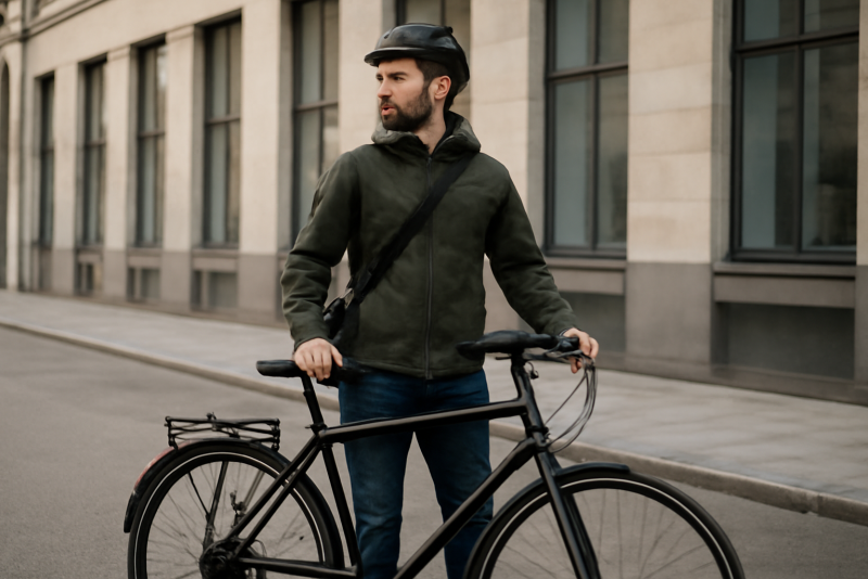 cycliste debout pres d un velo urbain