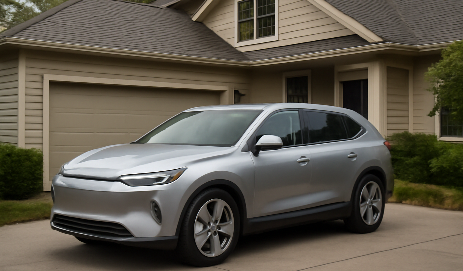 voiture electrique familiale garee devant une maison