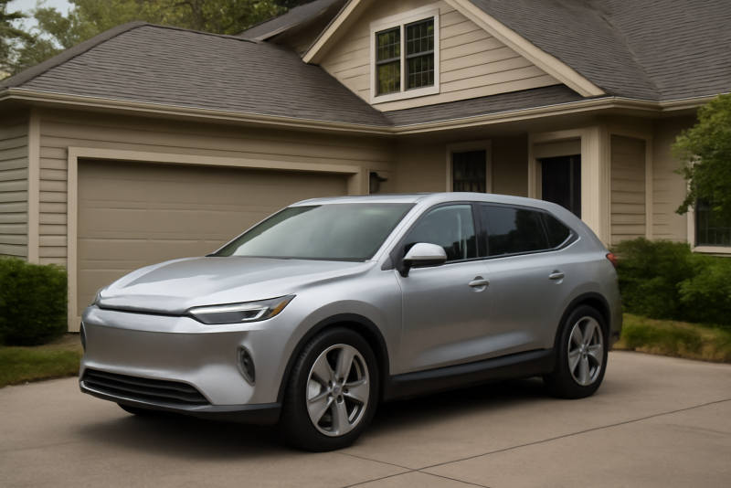 voiture electrique familiale garee devant une maison