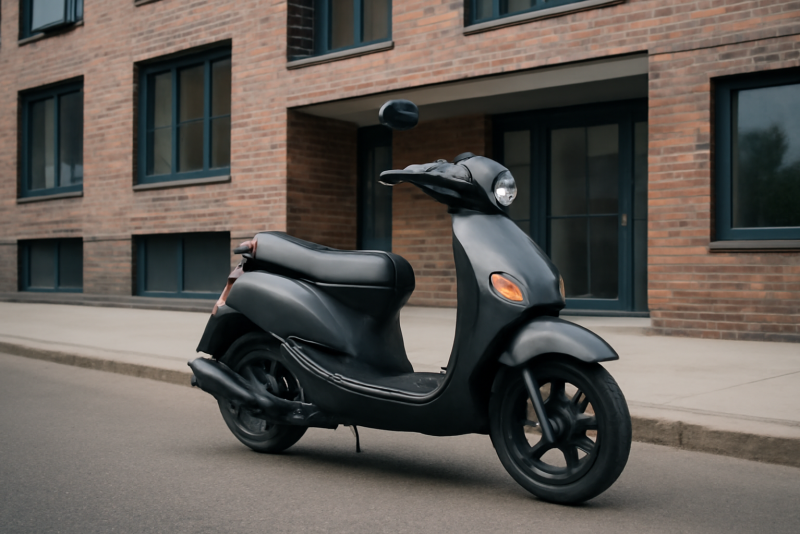 scooter stationné devant immeuble urbain