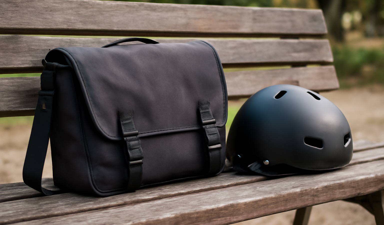 sacoche velo et casque poses sur banc