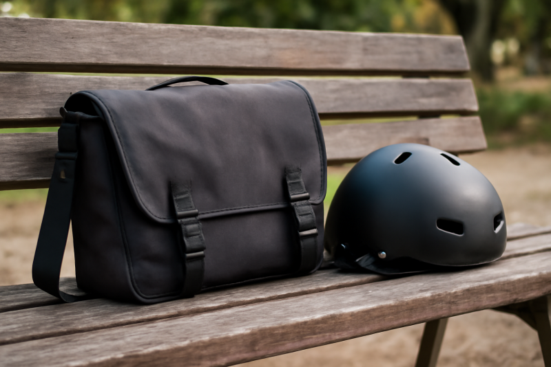 sacoche velo et casque poses sur banc