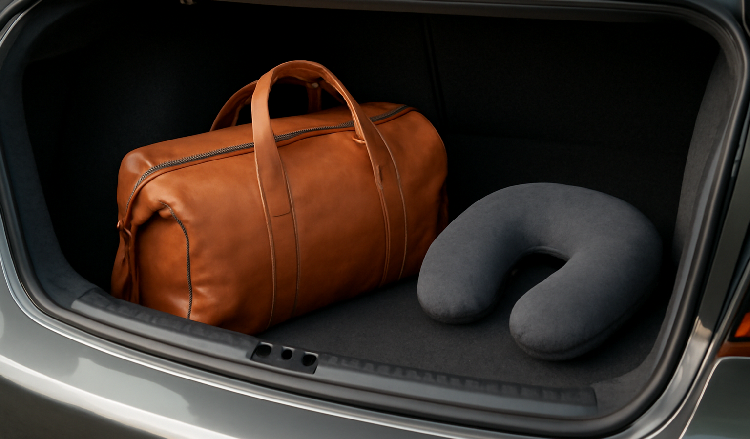 sac de voyage et coussin appuie-tete dans coffre