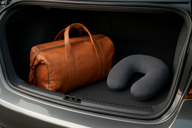sac de voyage et coussin appuie-tete dans coffre