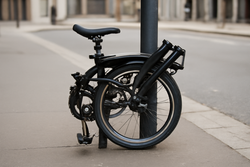 vélo pliant verrouillé sur un poteau urbain