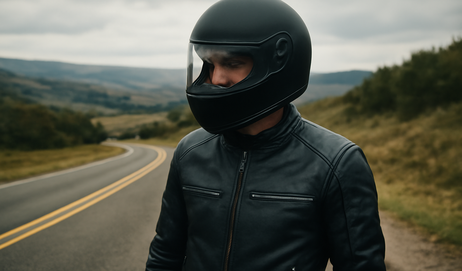 personne portant blouson moto devant paysage routier